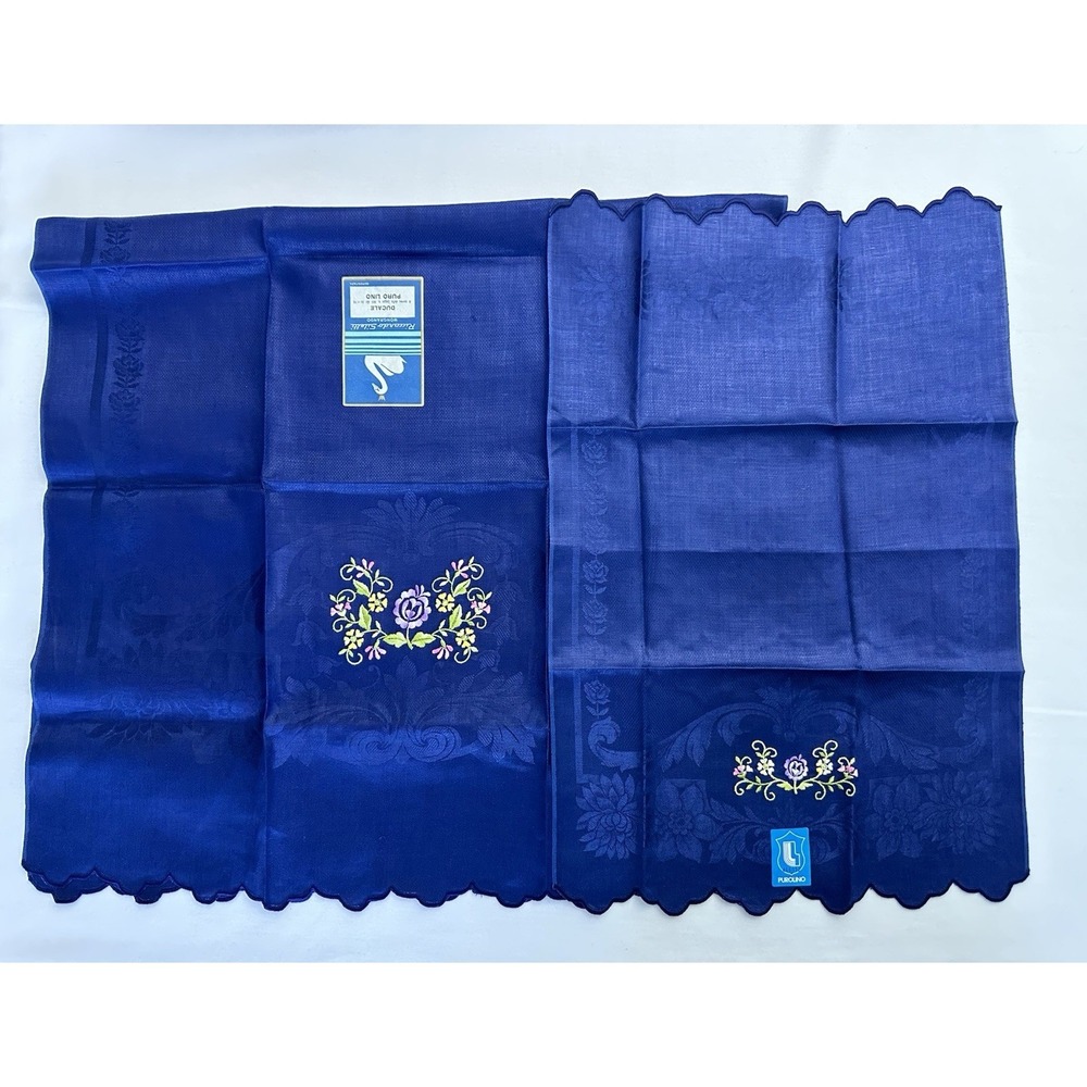 Tea Towel COBALT Scalloped Linen Italian Made MCM Table Runner NOS Embroidered